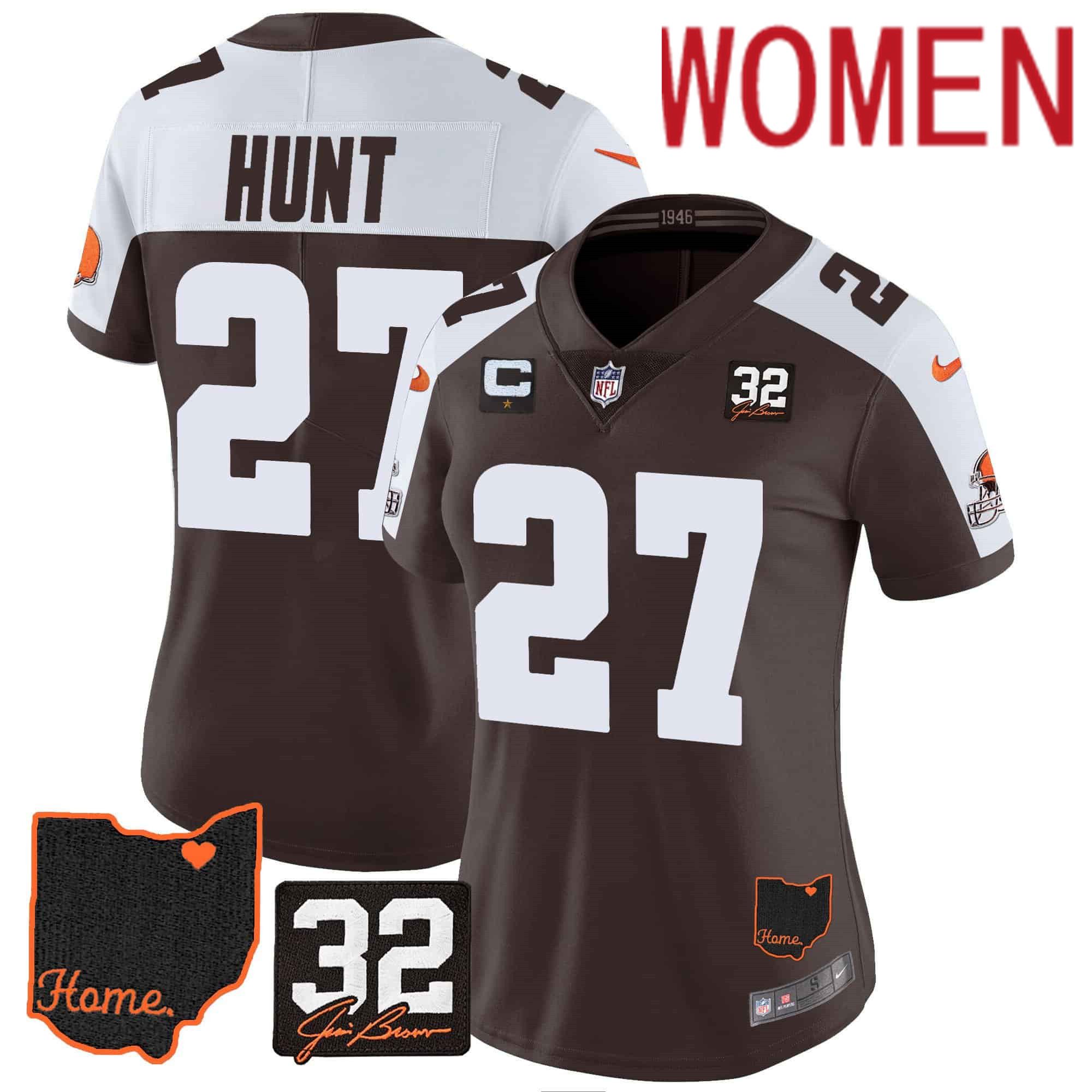 Women Cleveland Browns 27 Hunt Brown Memorial Home Patch 2024 Nike NFL Jersey